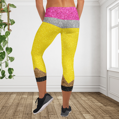 Teacher Pencil Capri Leggings for Women | Glitter Pencil Leggings | Back to School Capri Pants | Teacher Appreciation Gift | Classroom Fashion