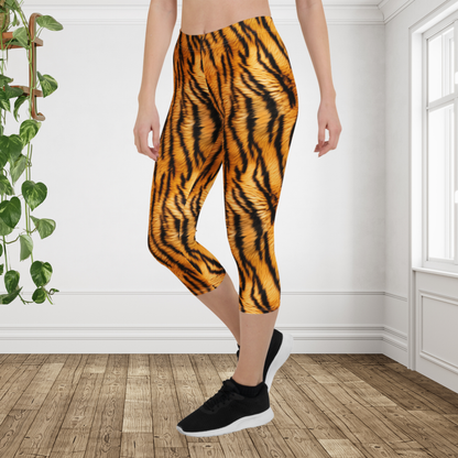 Tiger Print Capri Leggings | Bold Animal Print Yoga Capris | Orange Black Athletic Leggings