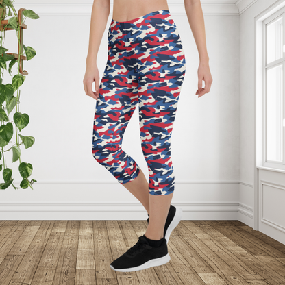 Red White Blue Camo Capri Leggings | USA Patriotic Workout Pants Summer Fitness