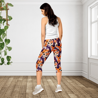 Halloween Capri Leggings for Women | Purple Orange Black Paint Splatter Leggings | Spooky Fall Workout Capri Pants