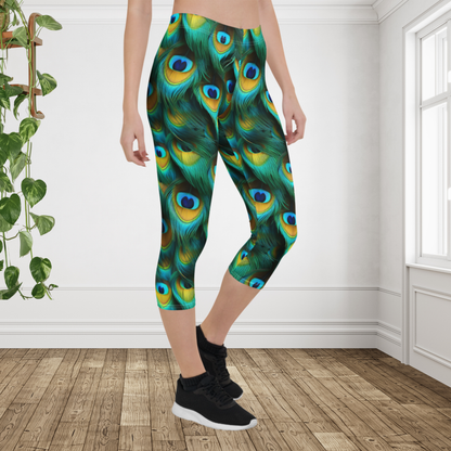 Peacock Feather Capri Leggings | Boho Tropical Yoga Pants | Colorful Coastal Athleisure