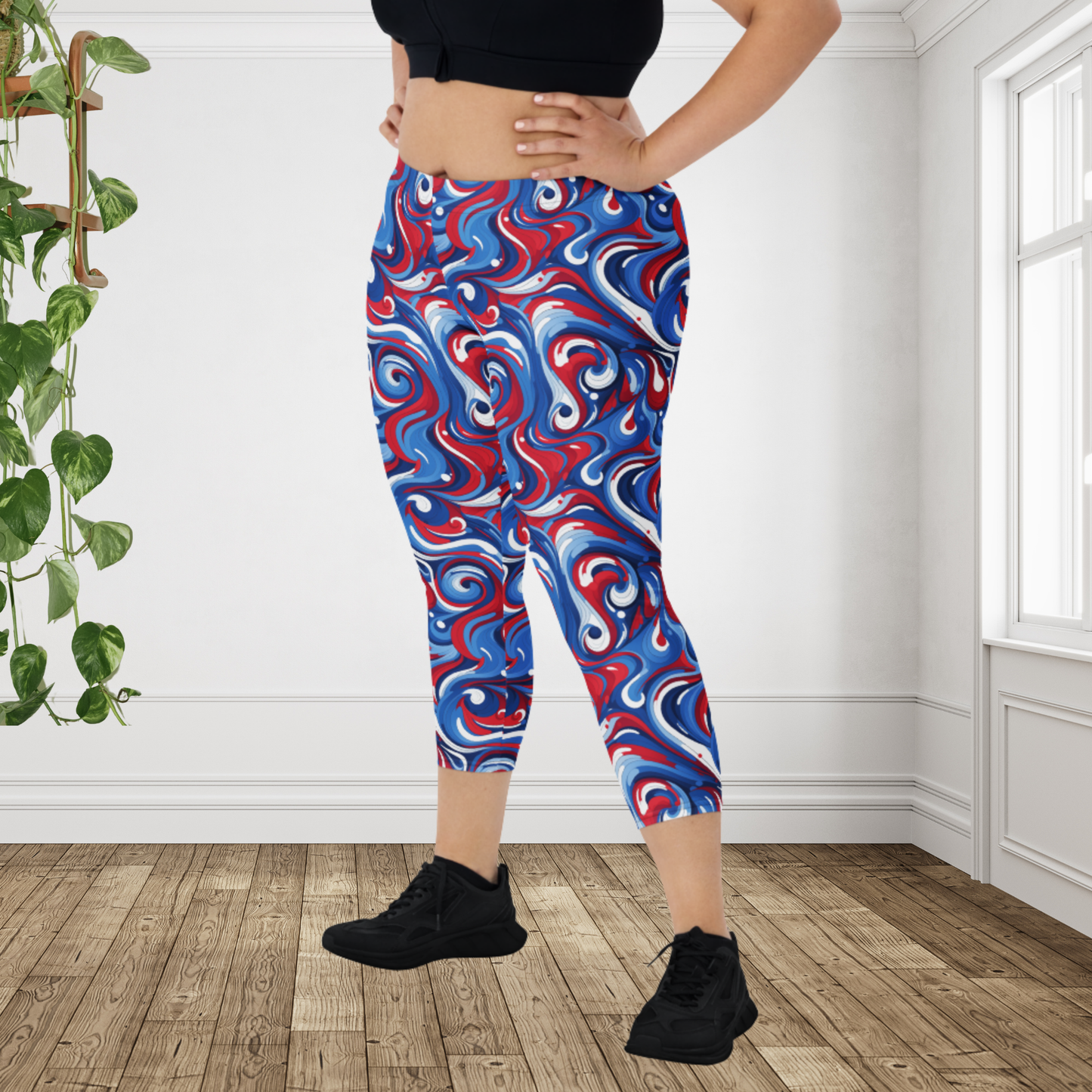 Patriotic Swirl Capri Leggings | Red White Blue USA Workout Pants