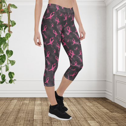 Pink Ribbon Breast Cancer Awareness Capri Leggings | Women's Athletic Workout Leggings