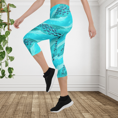 Ocean Fish Print Capri Leggings | Coastal Beach Workout Activewear
