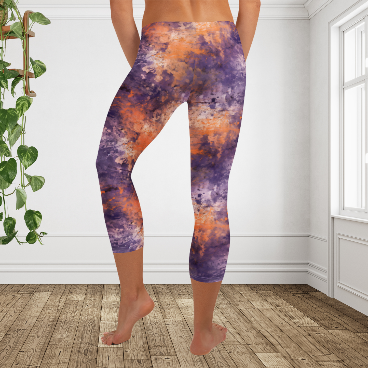 Halloween Capri Leggings for Women | Purple & Orange Watercolor Grunge Leggings | Spooky Fall Fitness Capri Pants