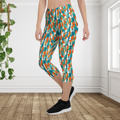 Miami Inspired Abstract Capri Leggings | Coastal Aqua Orange Athletic Capris