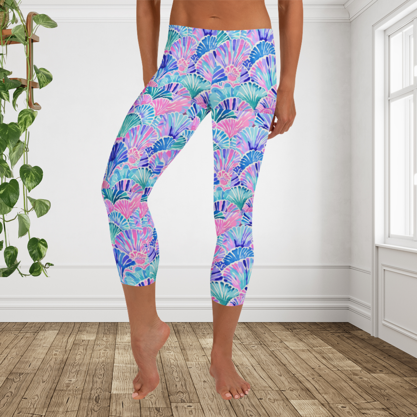Pastel Seashell Capri Leggings for Women | Coastal Beach Print Cropped Activewear