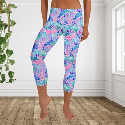 Pastel Seashell Capri Leggings for Women | Coastal Beach Print Cropped Activewear