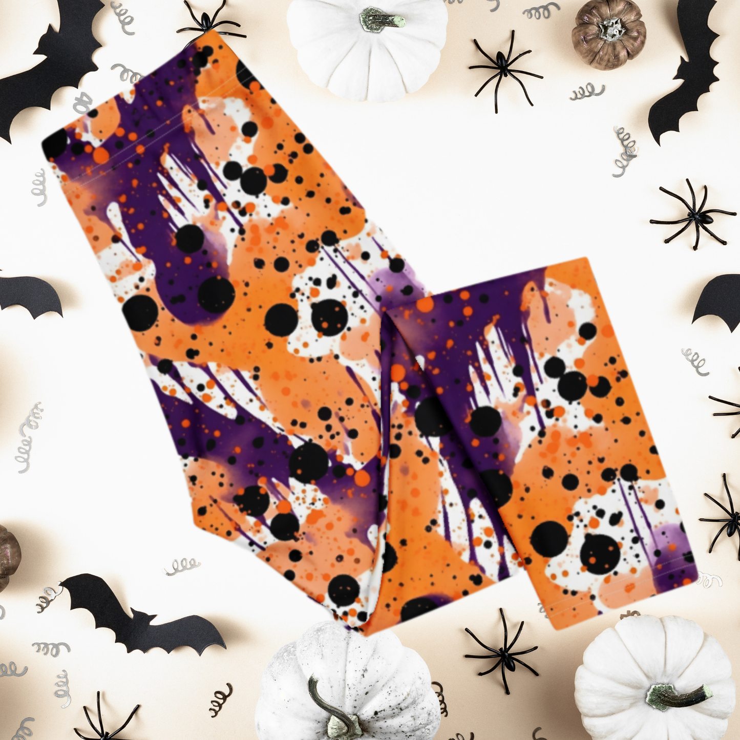 Halloween Capri Leggings for Women | Purple Orange Black Paint Splatter Leggings | Spooky Fall Workout Capri Pants