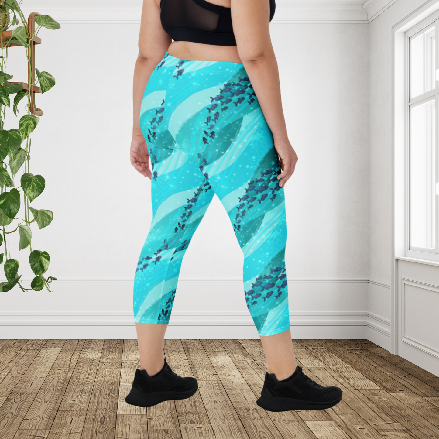 Ocean Fish Print Capri Leggings | Coastal Beach Workout Activewear