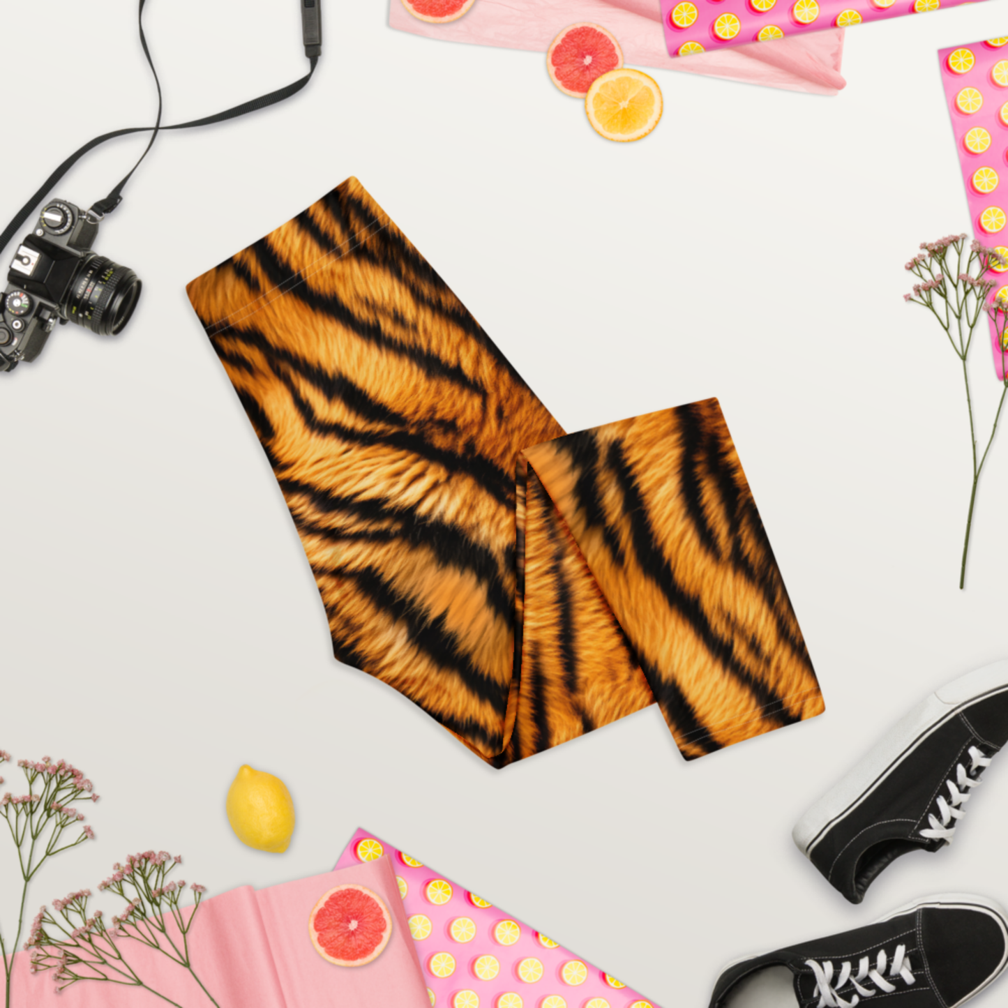 Tiger Print Capri Leggings | Bold Animal Print Yoga Capris | Orange Black Athletic Leggings