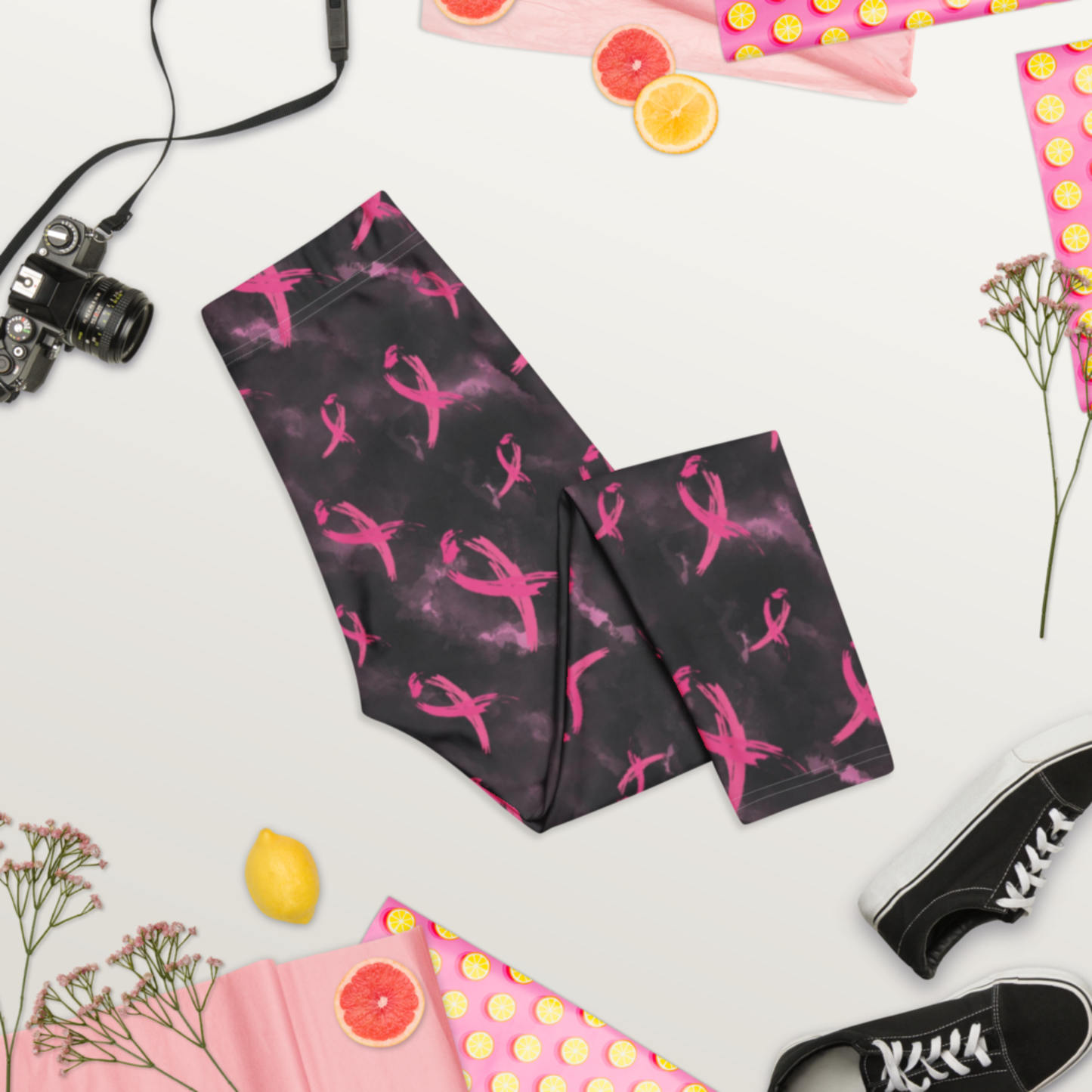 Pink Ribbon Breast Cancer Awareness Capri Leggings | Women's Athletic Workout Leggings