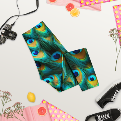 Peacock Feather Capri Leggings | Boho Tropical Yoga Pants | Colorful Coastal Athleisure