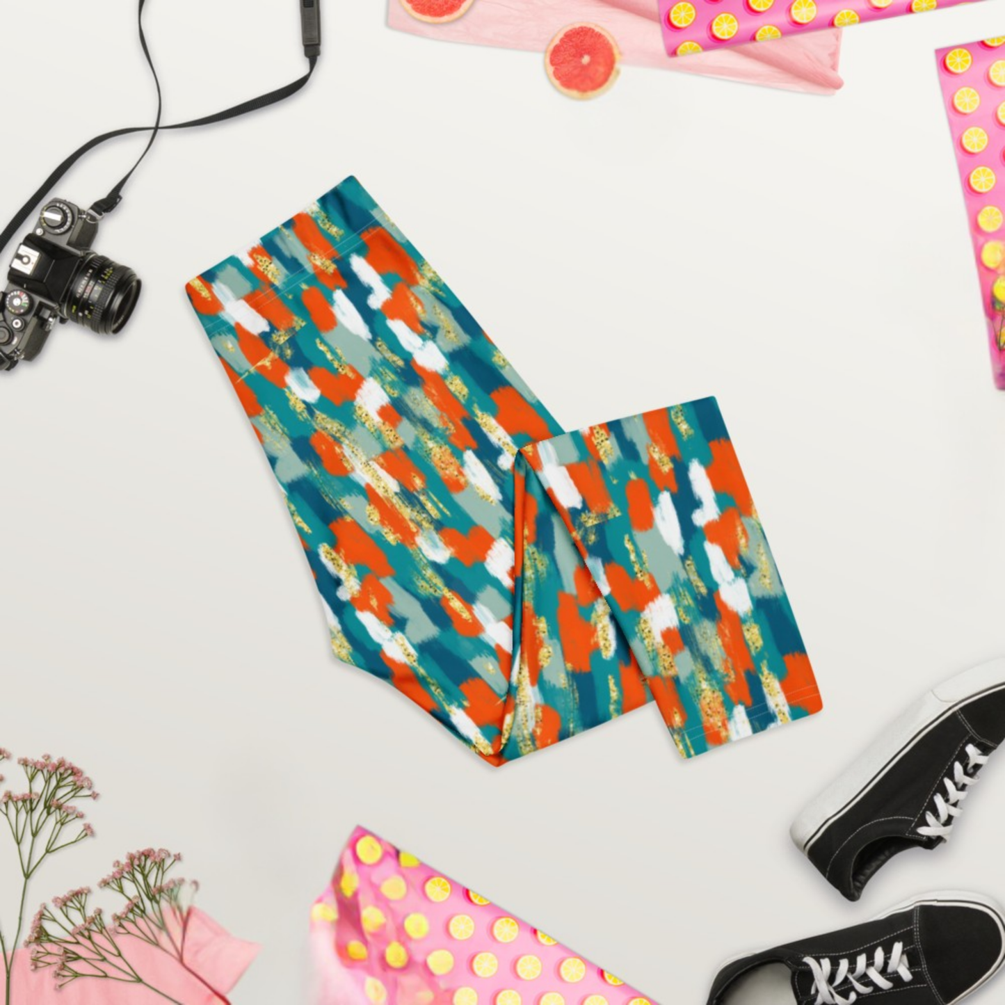 Miami Inspired Abstract Capri Leggings | Coastal Aqua Orange Athletic Capris