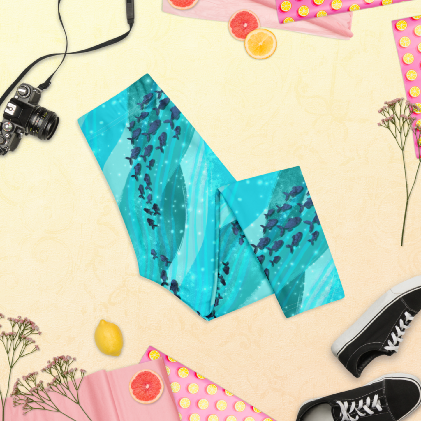 Ocean Fish Print Capri Leggings | Coastal Beach Workout Activewear