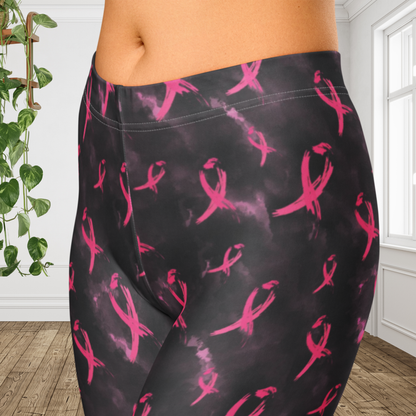 Pink Ribbon Breast Cancer Awareness Capri Leggings | Women's Athletic Workout Leggings