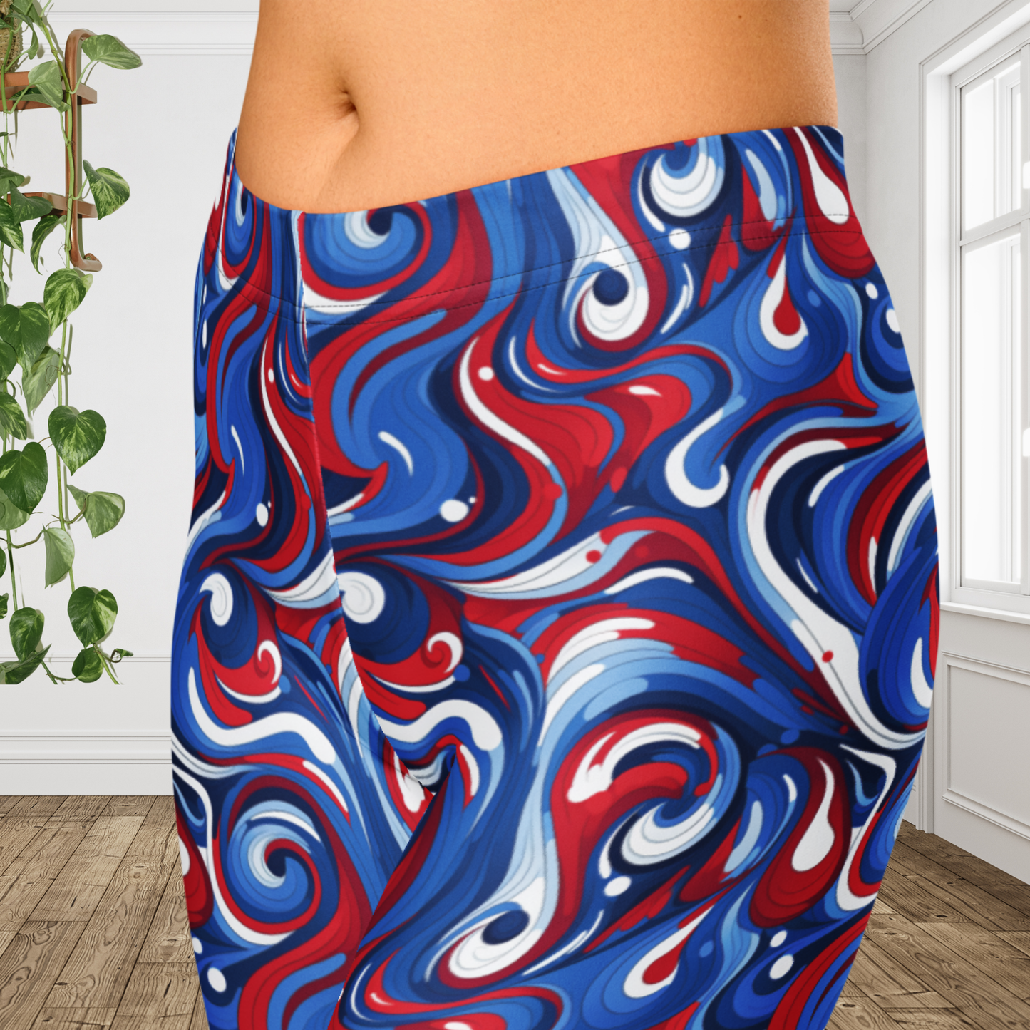 Patriotic Swirl Capri Leggings | Red White Blue USA Workout Pants