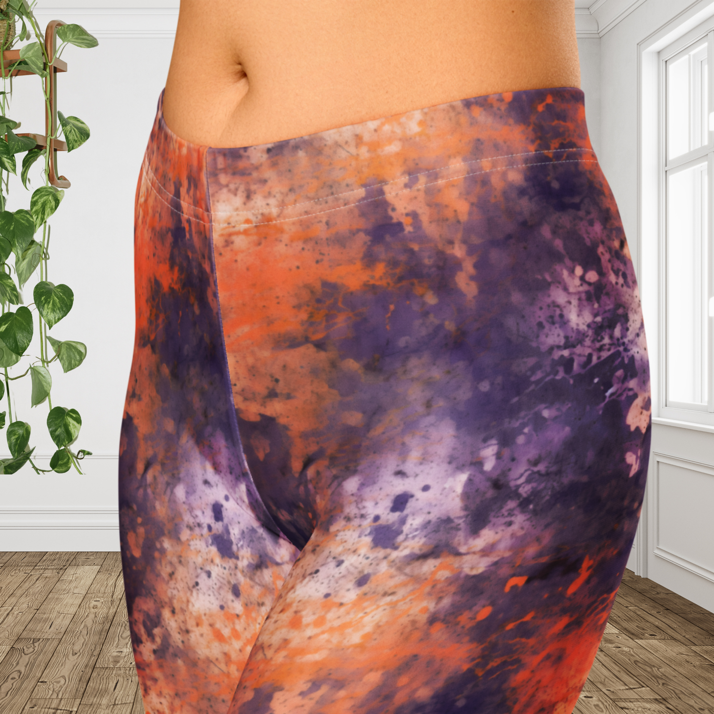 Halloween Capri Leggings for Women | Purple & Orange Watercolor Grunge Leggings | Spooky Fall Fitness Capri Pants