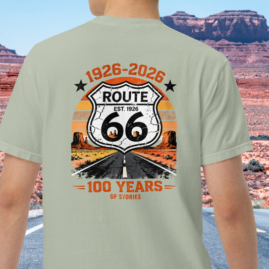 Route 66 Centennial Comfort Colors Shirt | Route 66 100 Years Tee | Vintage Road Trip Shirt | Back Print Graphic Tee