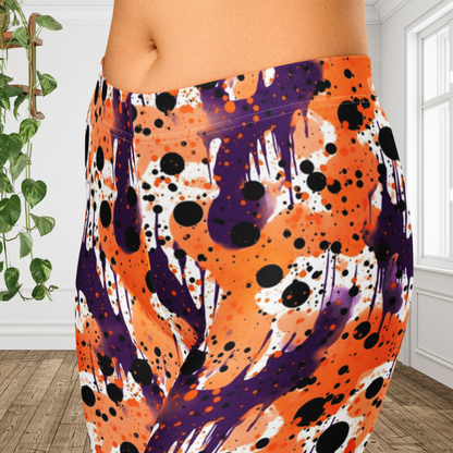 Halloween Capri Leggings for Women | Purple Orange Black Paint Splatter Leggings | Spooky Fall Workout Capri Pants