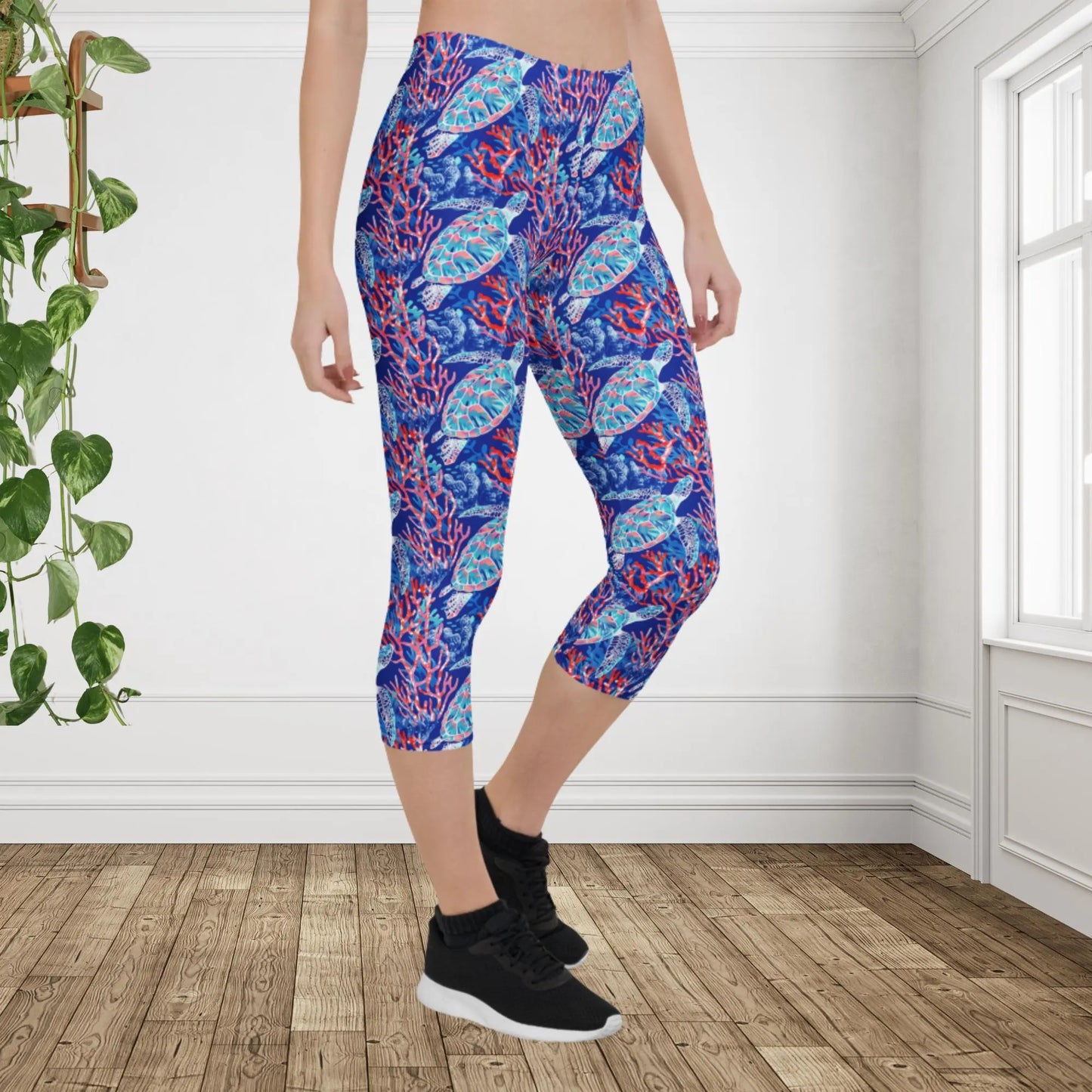 Sea Turtle Capri Leggings | Coastal Ocean Yoga Pants | Tropical Activewear