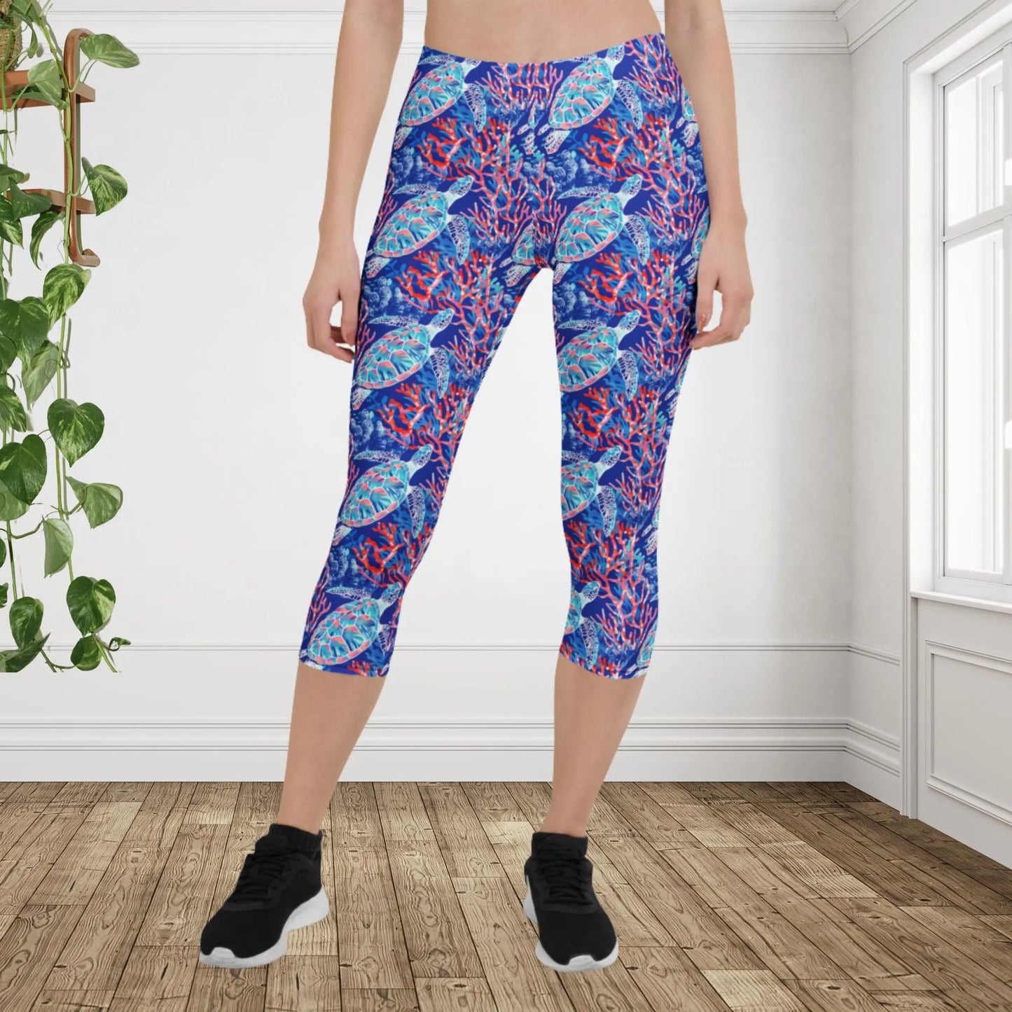 Sea Turtle Capri Leggings | Coastal Ocean Yoga Pants | Tropical Activewear