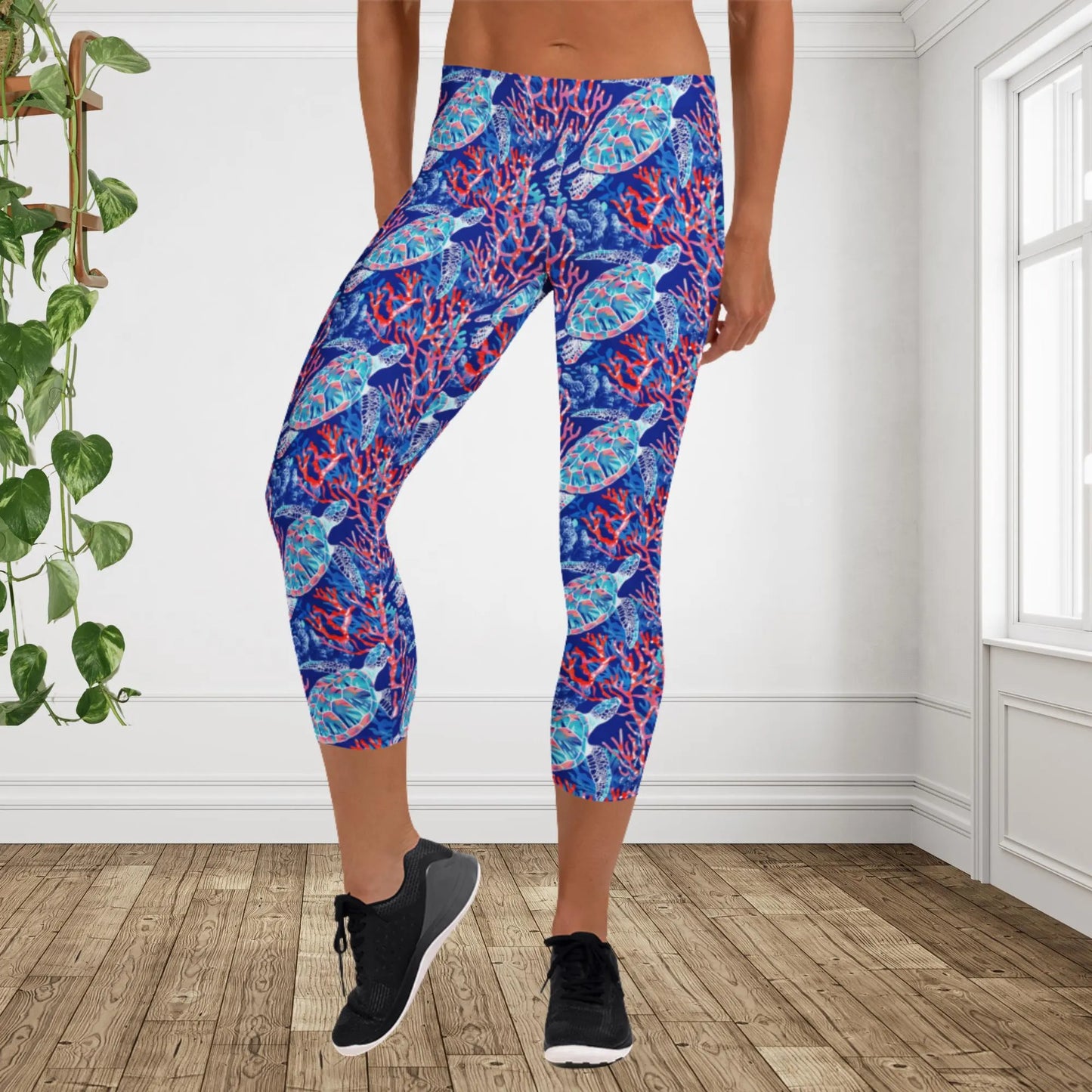 Sea Turtle Capri Leggings | Coastal Ocean Yoga Pants | Tropical Activewear
