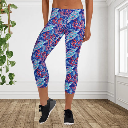 Sea Turtle Capri Leggings | Coastal Ocean Yoga Pants | Tropical Activewear