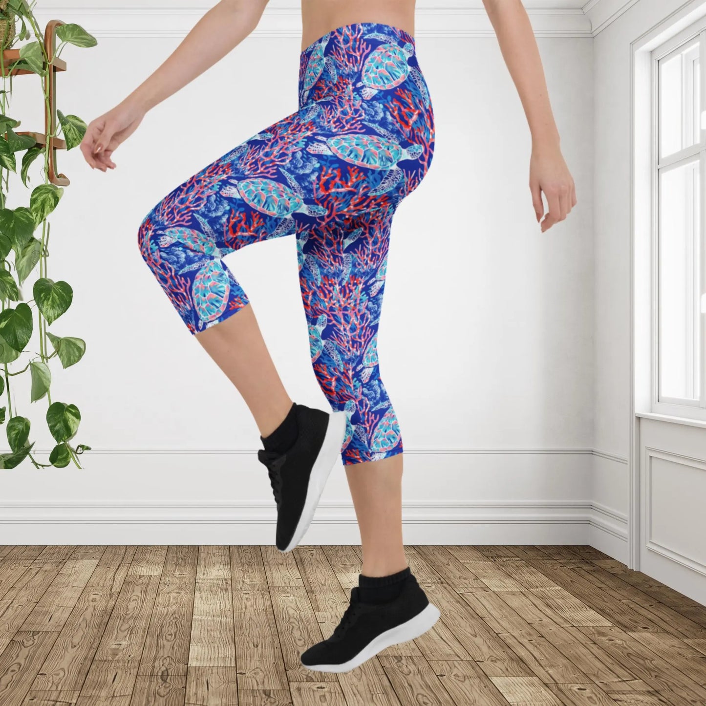 Sea Turtle Capri Leggings | Coastal Ocean Yoga Pants | Tropical Activewear