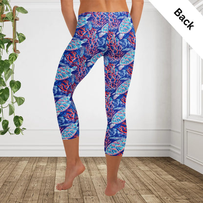 Sea Turtle Capri Leggings | Coastal Ocean Yoga Pants | Tropical Activewear